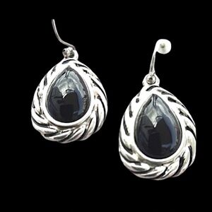 💞💗 Vintage Silver Black Onyx Inlay Teardrop Dropdown Earrings